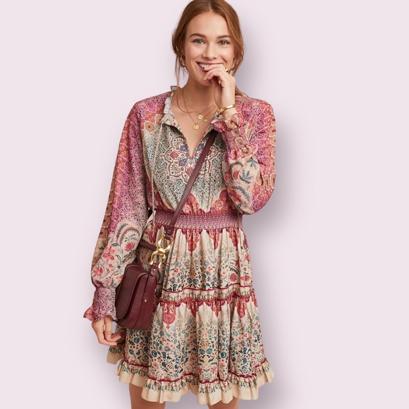 Anthropologie Siddhartha Bansal Dakota Peasant Dress Boho Printed Size Small - Picture 2 of 9